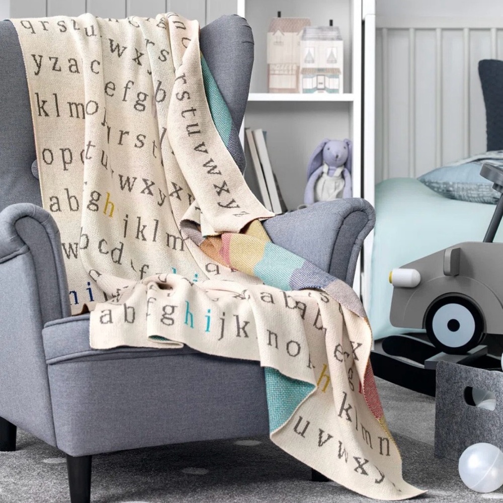 Alphabet Cotton Knit Blanket Rainbow Stripe Back Baby Nursery Unisex